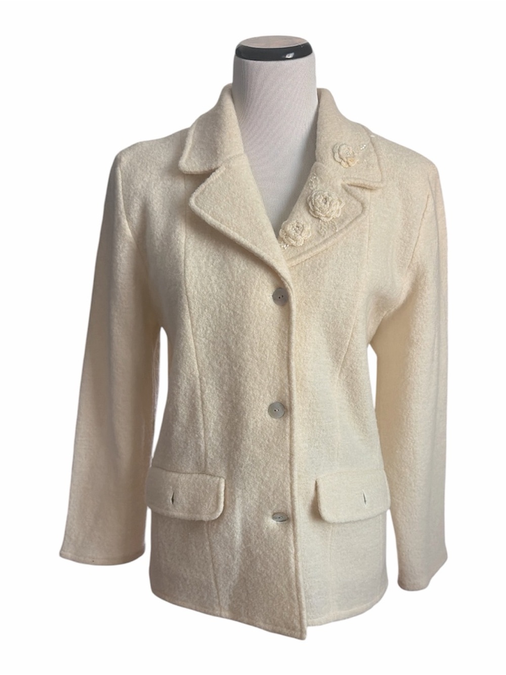 Vintage Alfred Dunner Cream Bouclé Pea Coat with Floral Appliqué